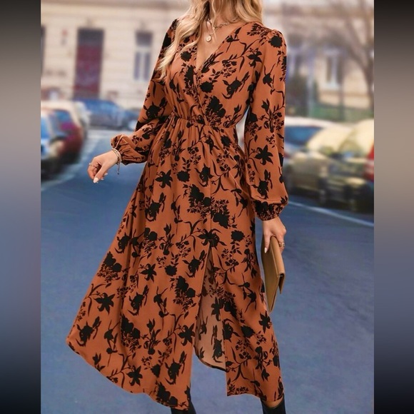 New Midi Floral Thigh Split Brown Orange Rust Color Mix Dress Surplice V Neck - Picture 9 of 16